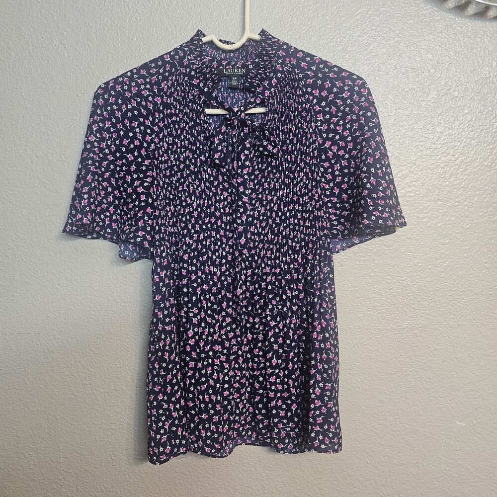 Lauren Ralph Lauren Womens Navy Floral Pleated Tie Neck Blouse Sz S Prairie D771